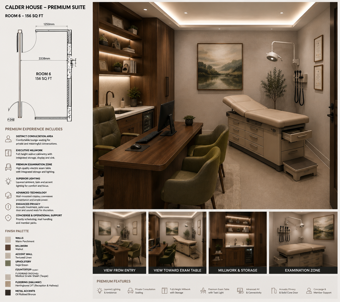 Conceptual rendering of a Calder House private clinical suite with consultation seating and an examination area.